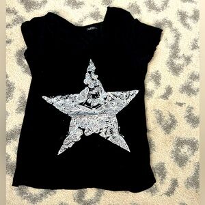 Lauren Moshi Black Tee with White Star and Butterfly Motif